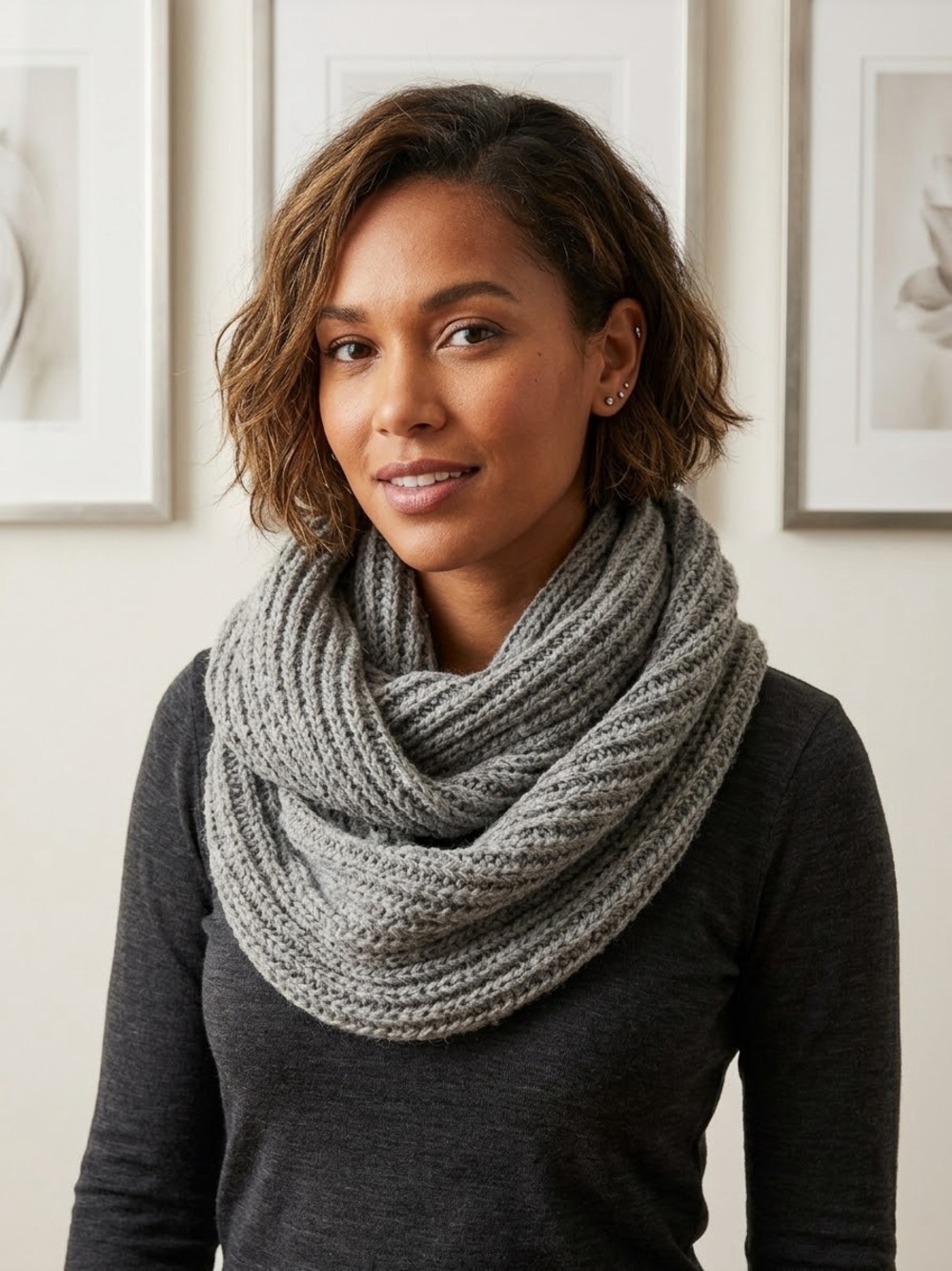 J.Crew Cashmere Lambs Wool Blend Chunky Ribbed Knit Infinity Scarf Grey